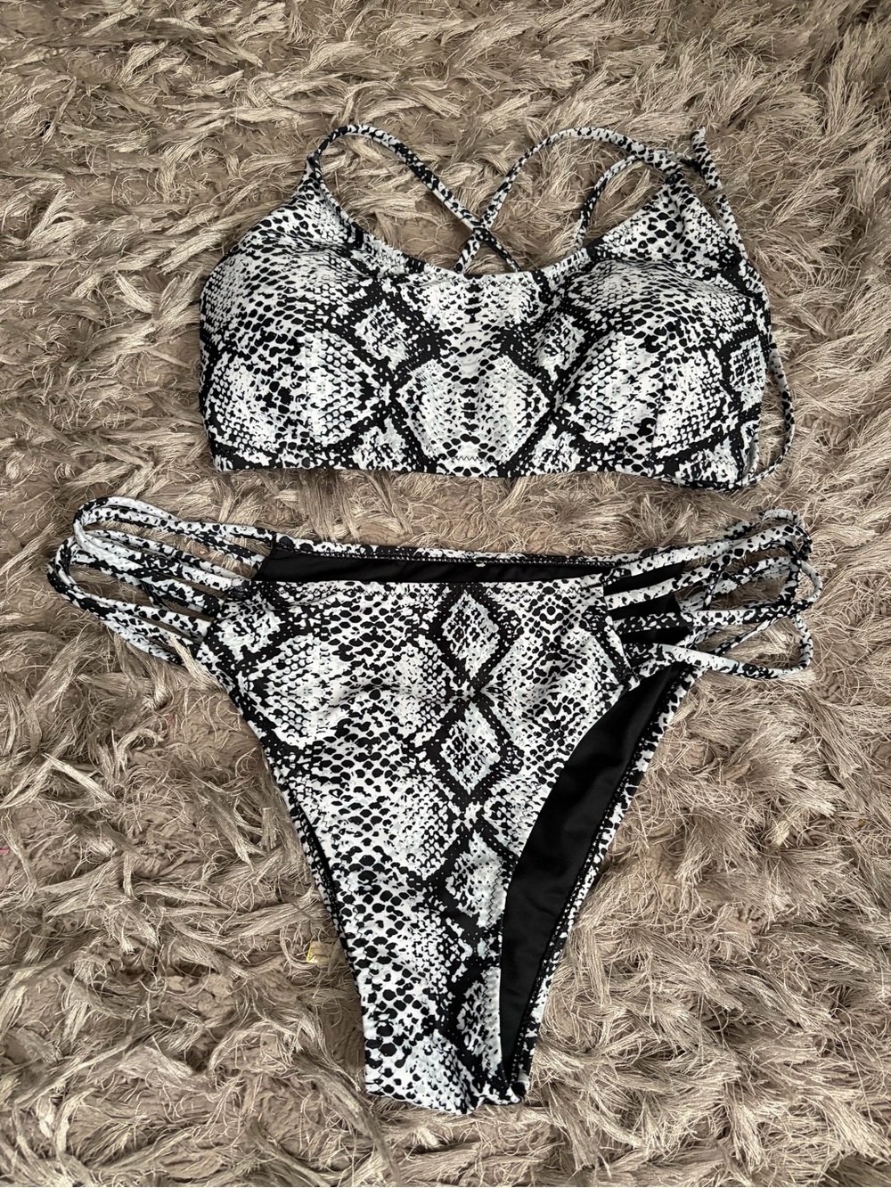 Snake Print Strappy Bikini Set - Black & White